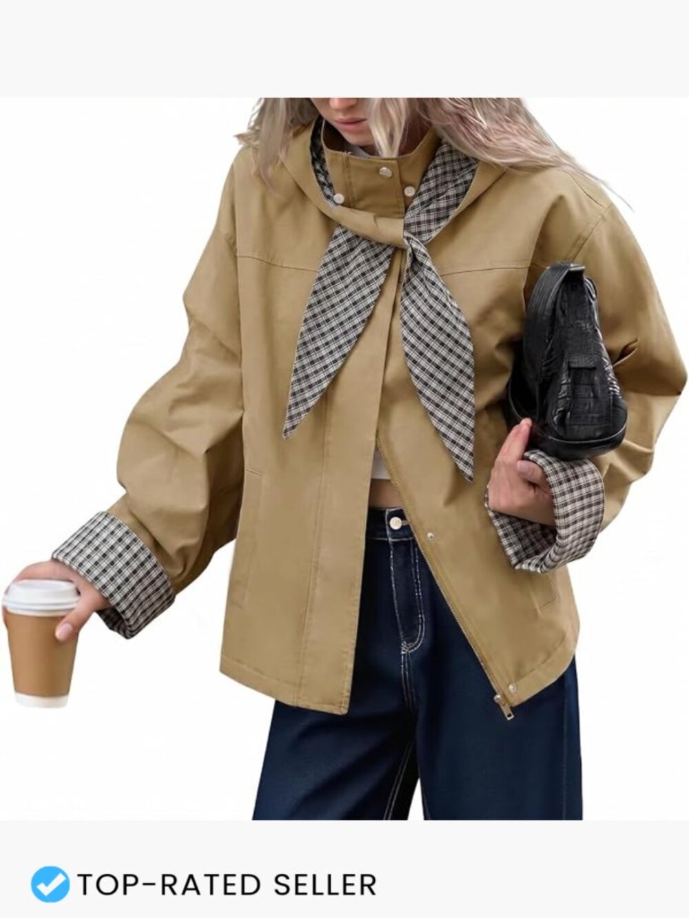 Cropped Trench Coat Lightweight Fall Jacket With Detachable Plaid Hood Chic